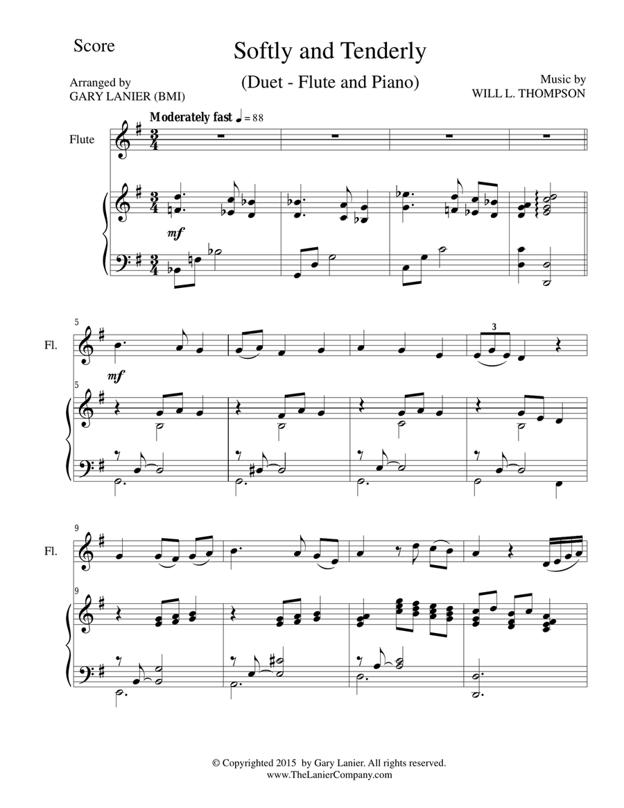 SOFTLY AND TENDERLY (Duet – Flute and Piano/Score and Parts) Woodwind Duet scores gallery preview page 1