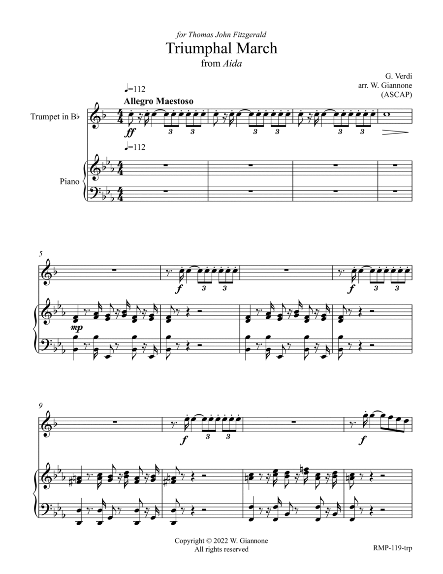 Verdi - Triumphal March from Aida (for Trumpet with piano accompaniment) Verdi - Triumphal March from Aida (for Trumpet with piano accompaniment) B-Flat Trumpet scores gallery preview page 1