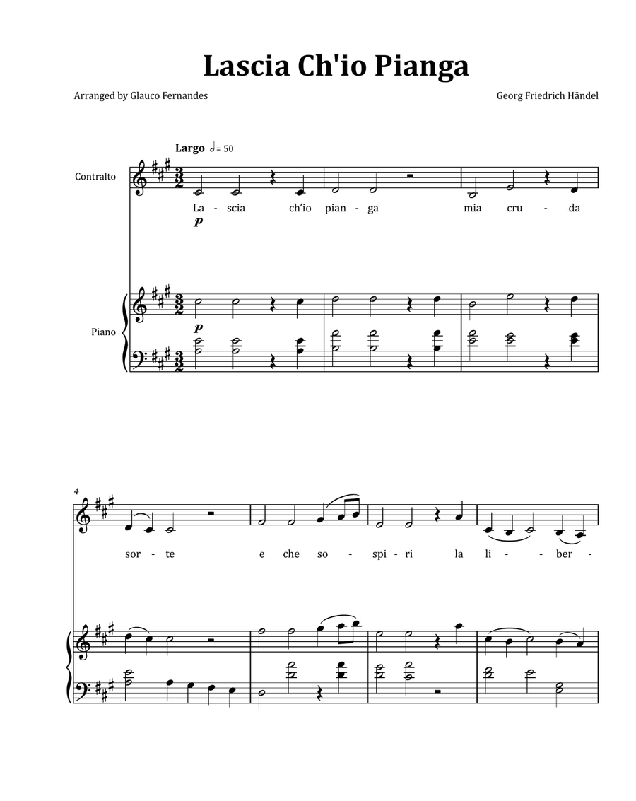 Lascia Ch'io Pianga by Händel - Contralto & Piano in A Major Chamber Music scores gallery preview page 1