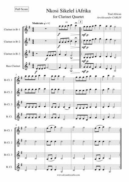 Nkosi Sikelel iAfrika for Clarinet Quartet - Score & Parts image number null