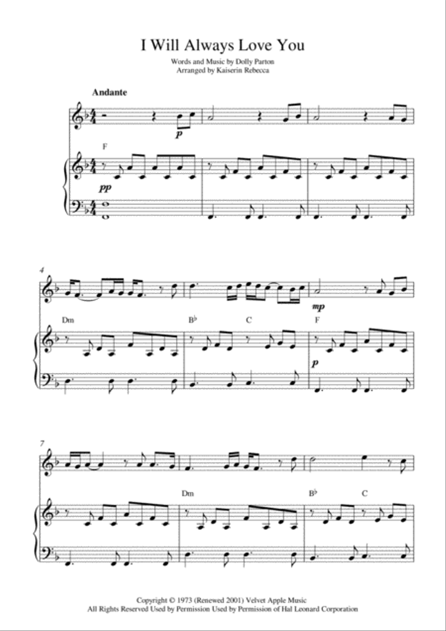 I Will Always Love You Piano scores gallery preview page 1