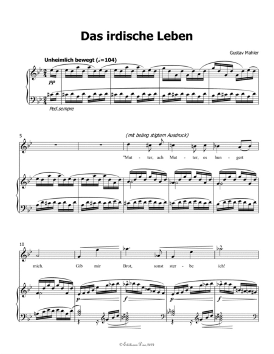 Das irdische Leben, by Mahler, in B flat Major Piano, Vocal scores gallery preview page 3