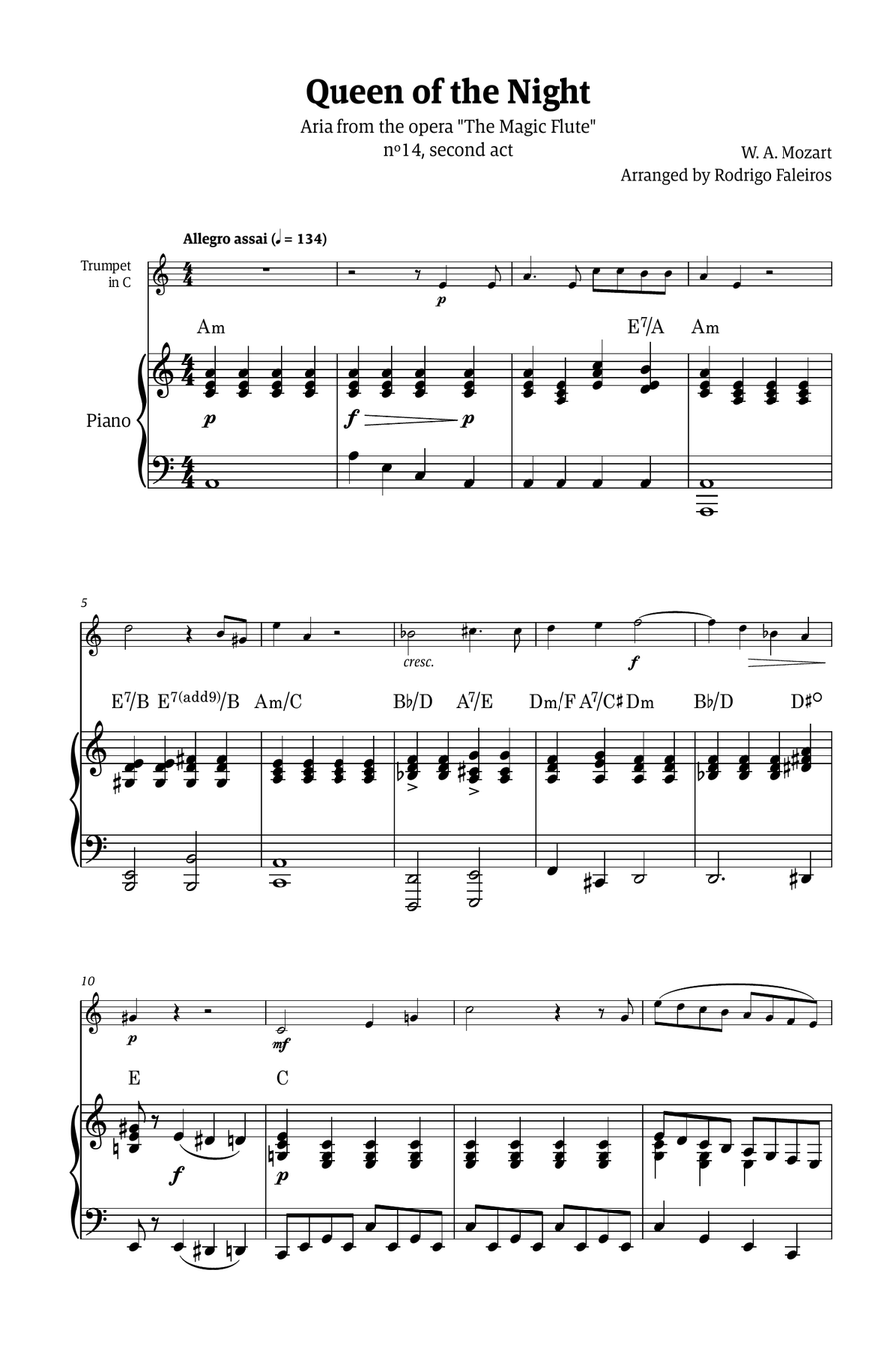 Queen of the Night - for solo trumpet in C (with piano and chords) Chamber Music scores gallery preview page 1