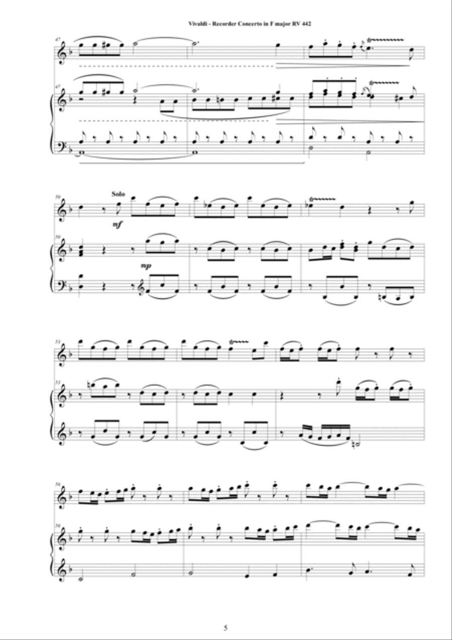 Vivaldi - Recorder Concerto in F major RV 442 for Alto Recorder and Piano Alto Recorder scores gallery preview page 5