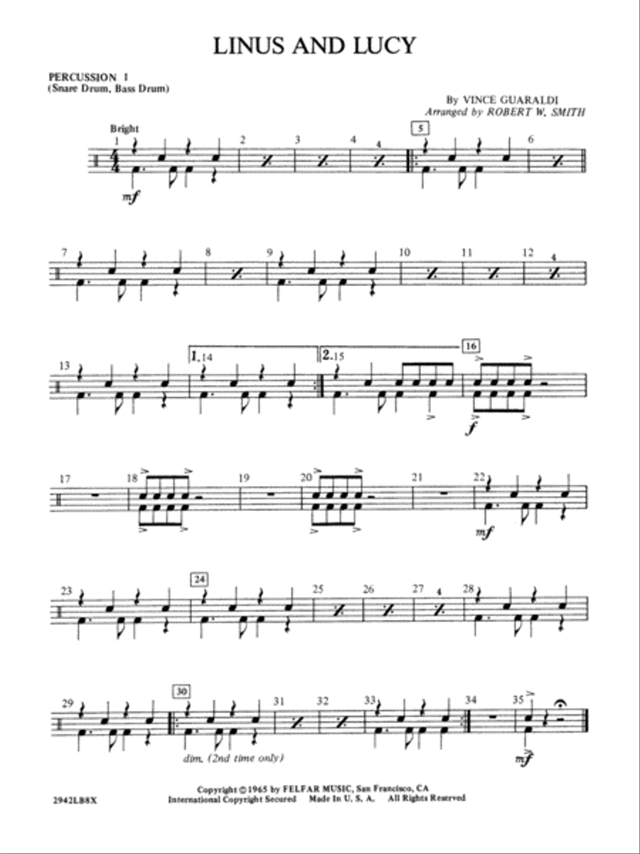 Linus and Lucy: 1st Percussion Concert Band scores gallery preview page 1