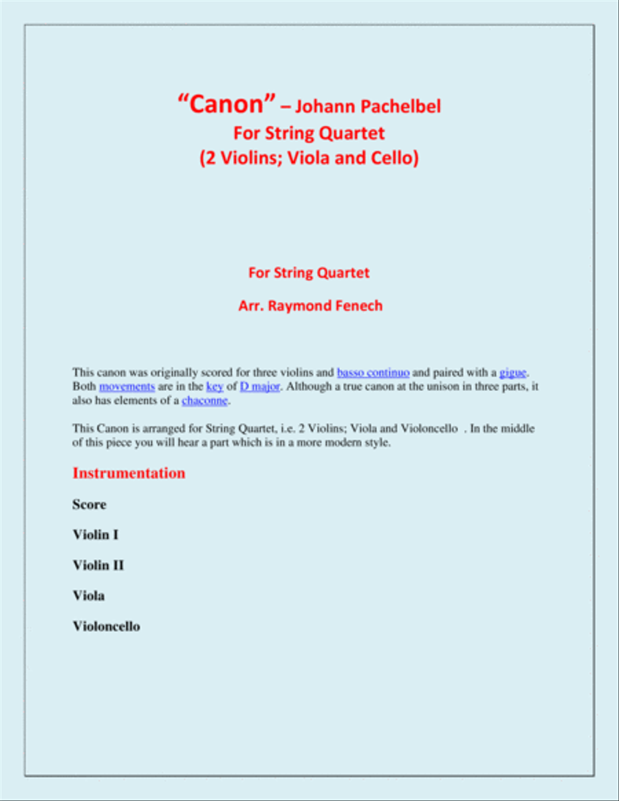 Canon - J.Pachelbel (1653 -1706) - For Strings Quartet (2 Violins; Viola and Violoncello ) String Quartet scores gallery preview page 2