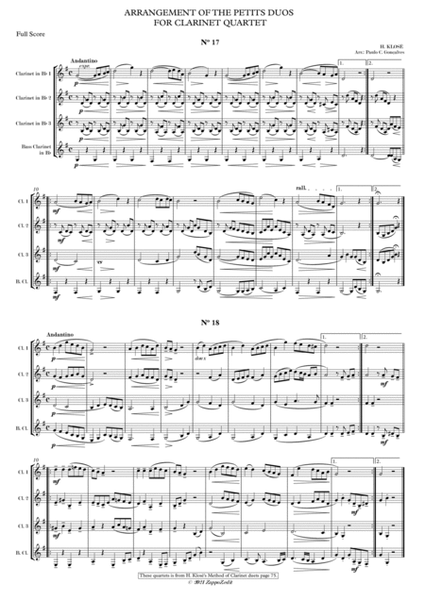 ARRANGEMENT OF THE PETITS DUOS FOR CLARINET QUARTET Nº 17 & 18 image number null