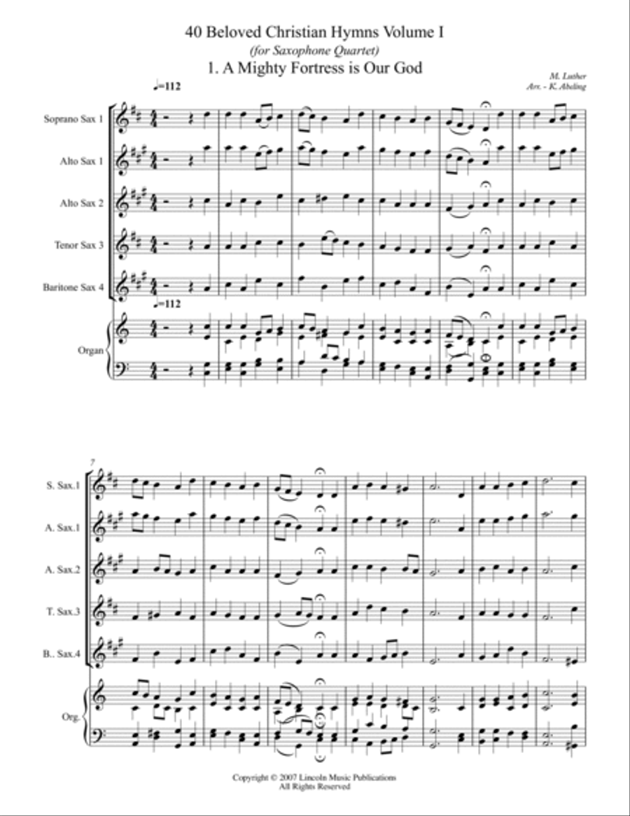 40 Beloved Christian Hymns Volume I (for Saxophone Quartet SATB or AATB and optional Organ) Saxophone Quartet scores gallery preview page 2