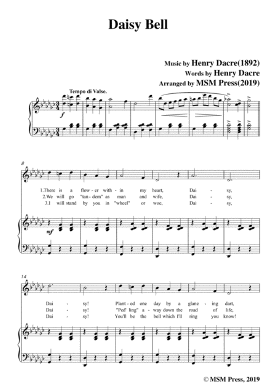 Henry Dacre-Daisy Bell,in G flat Major,for Voice and Piano Voice Solo scores gallery preview page 3
