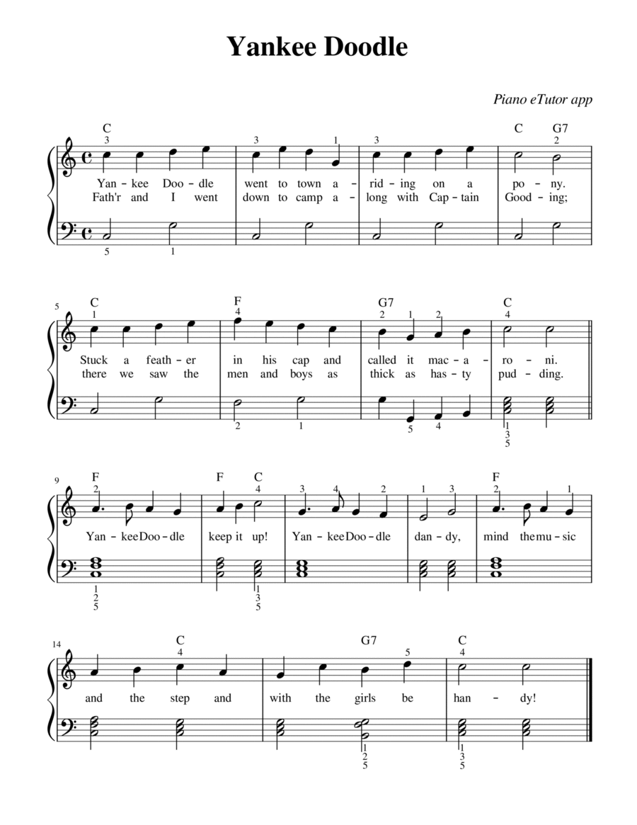 Yankee Doodle - piano sheet music Easy Piano scores gallery preview page 1