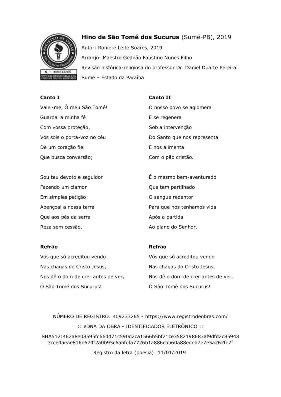 HINO DE SÃO TOMÉ DOS SUCURUS Concert Band scores gallery preview page 1