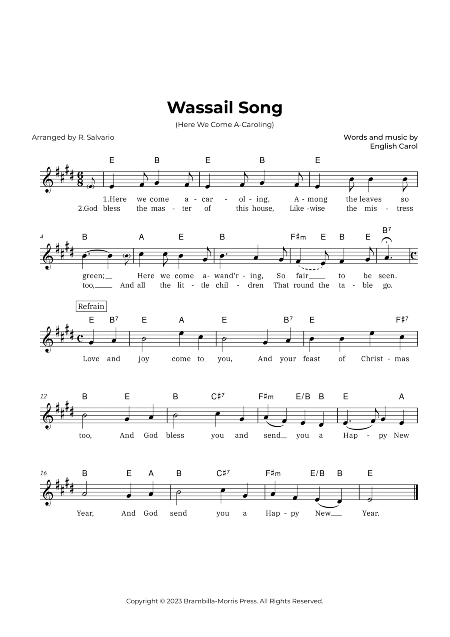 Wassail Song (Here We Come A-Caroling) - Key of E Major Piano scores gallery preview page 1
