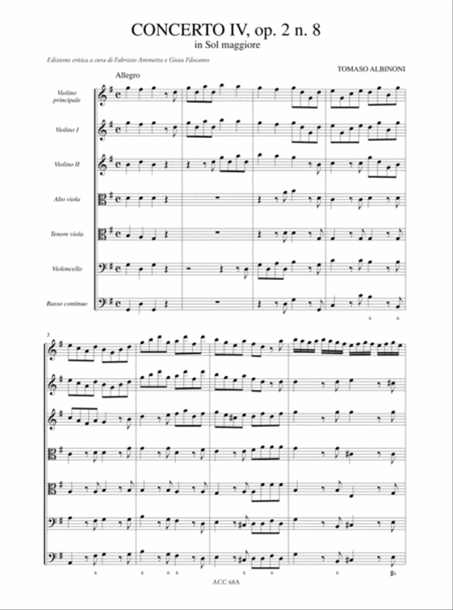 6 Concertos ‘a cinque’ Op. 2 for principal Violin, 2 Violins, 2 Violas, Violoncello and Continuo - Vol. IV: Concerto IV in G major, Op. 2 No. 8. Critical Edition Orchestra scores gallery preview page 2