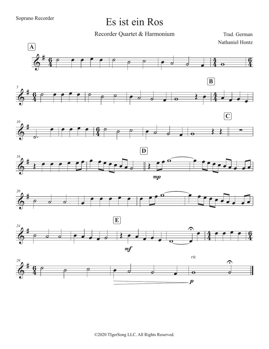 Es ist ein Ros Entsprungen (German Carol) for Recorder Consort Soprano Recorder scores gallery preview page 5