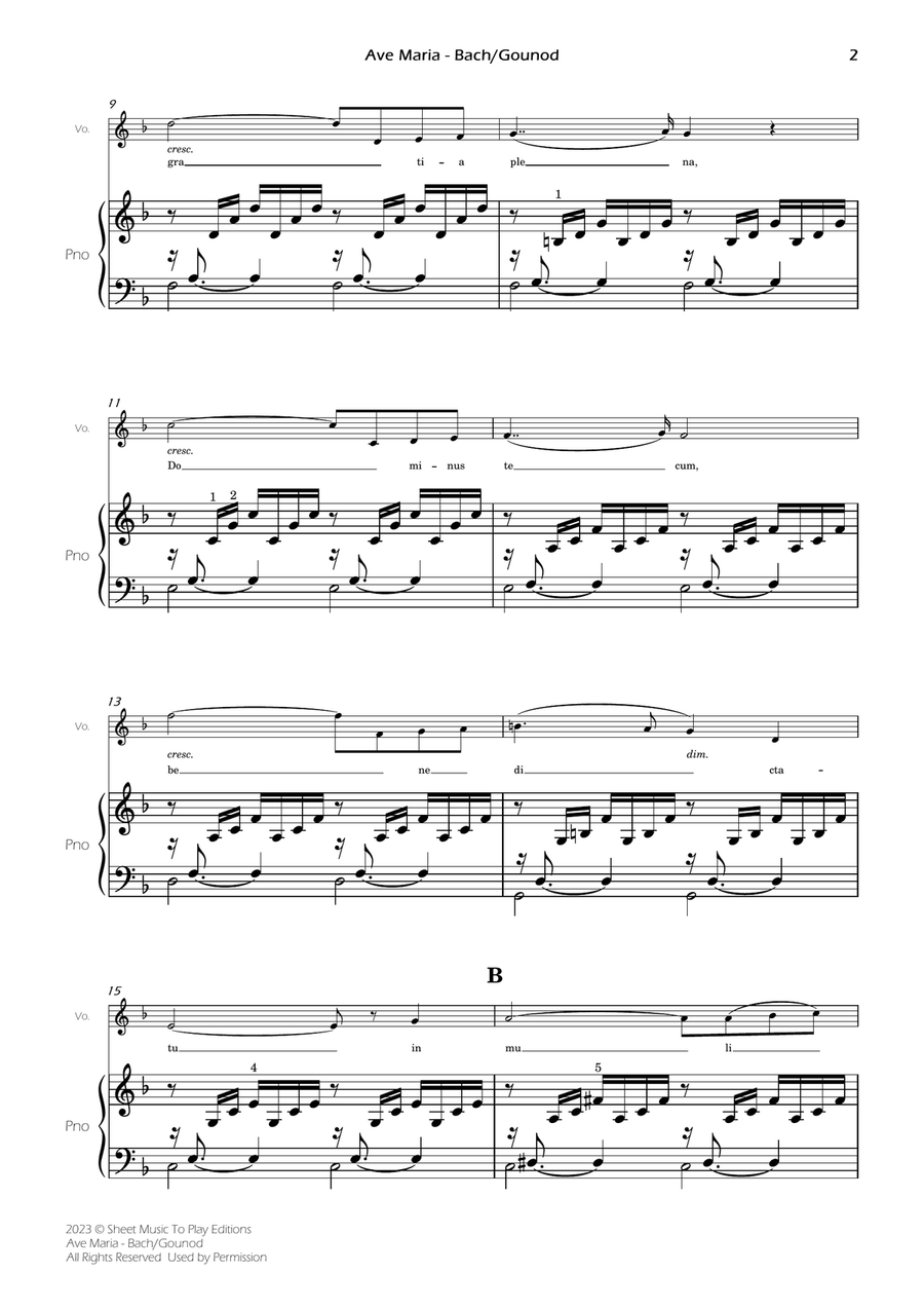Ave Maria by Bach/Gounod - Voice and Piano - F Major (Full Score and Parts) Piano, Vocal scores gallery preview page 3