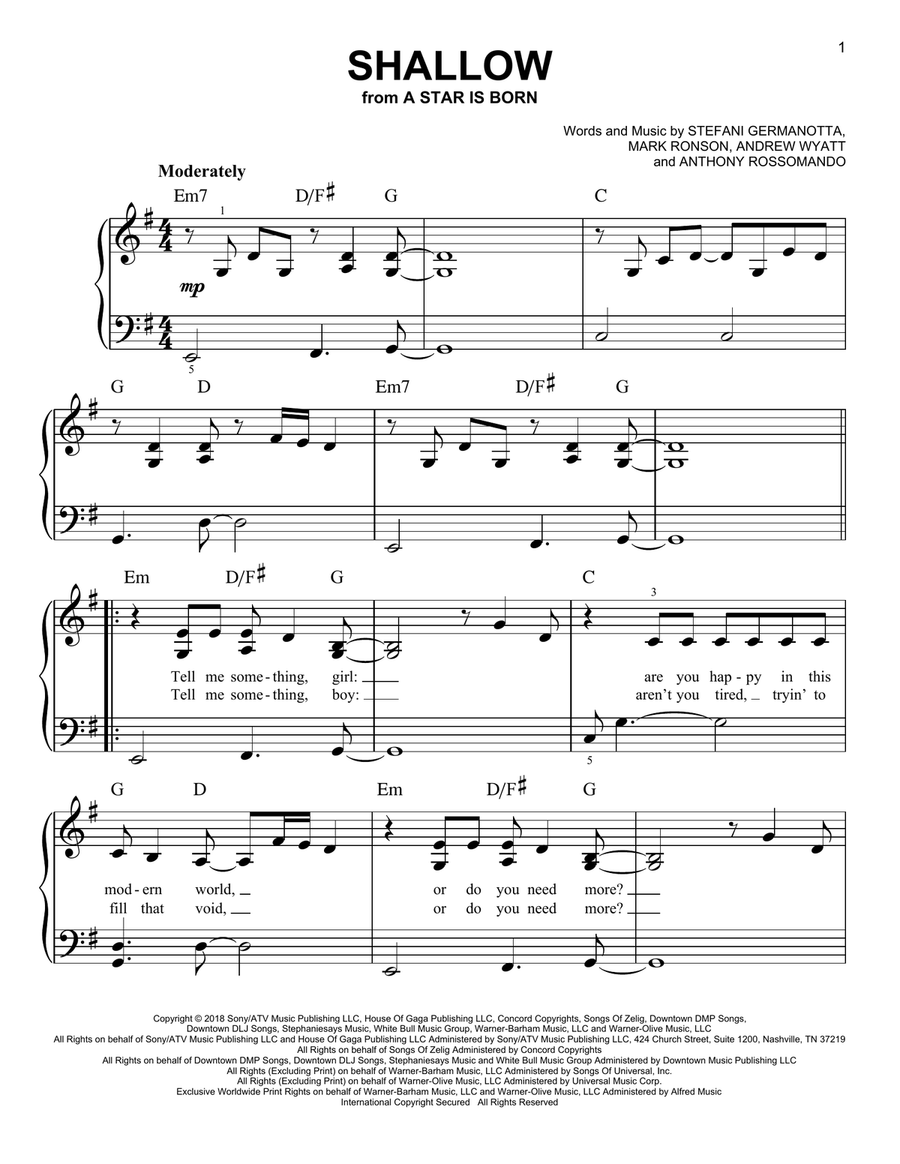 Shallow (from A Star Is Born) Easy Piano scores gallery preview page 1
