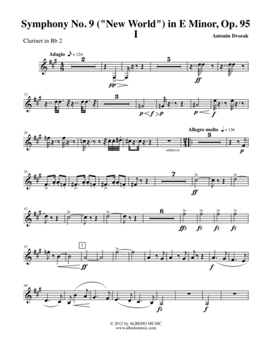 Dvorak Symphony No. 9, New World, Movement I - Clarinet in Bb 2 (Transposed Part), Op.95