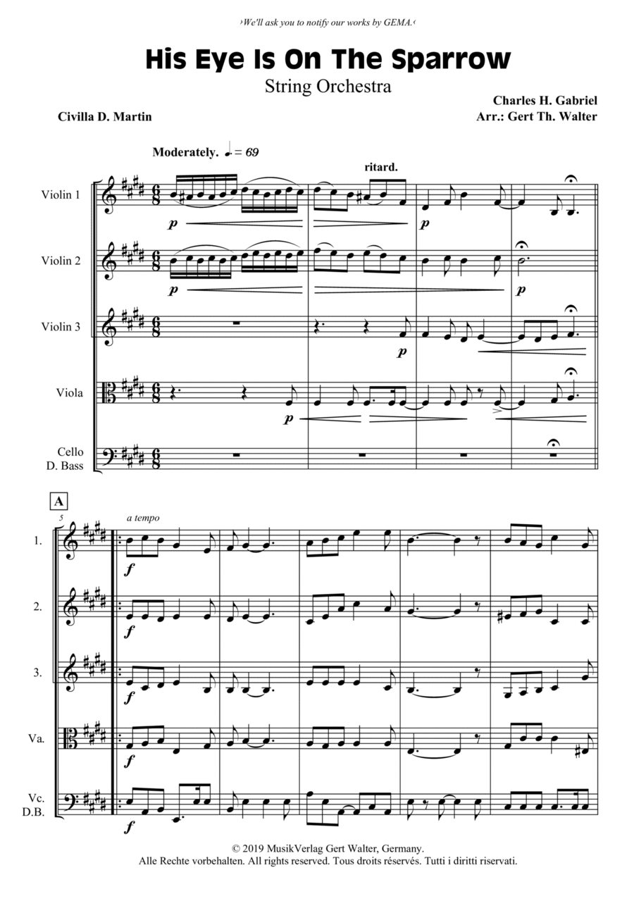 His Eye Is On The Sparrow String Orchestra scores gallery preview page 1