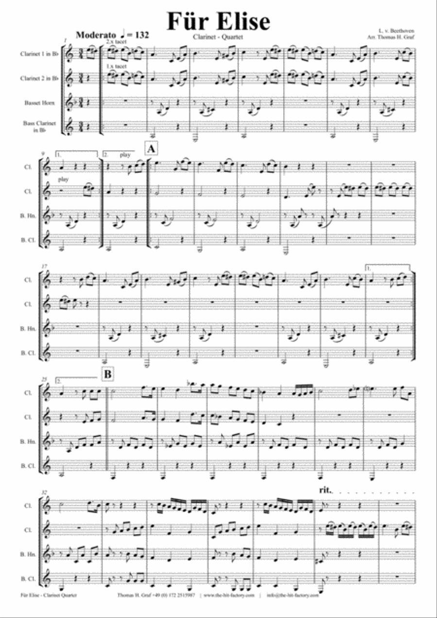 For Elise - Ludwig van Beethoven - Clarinet Quartet Clarinet Quartet scores gallery preview page 1