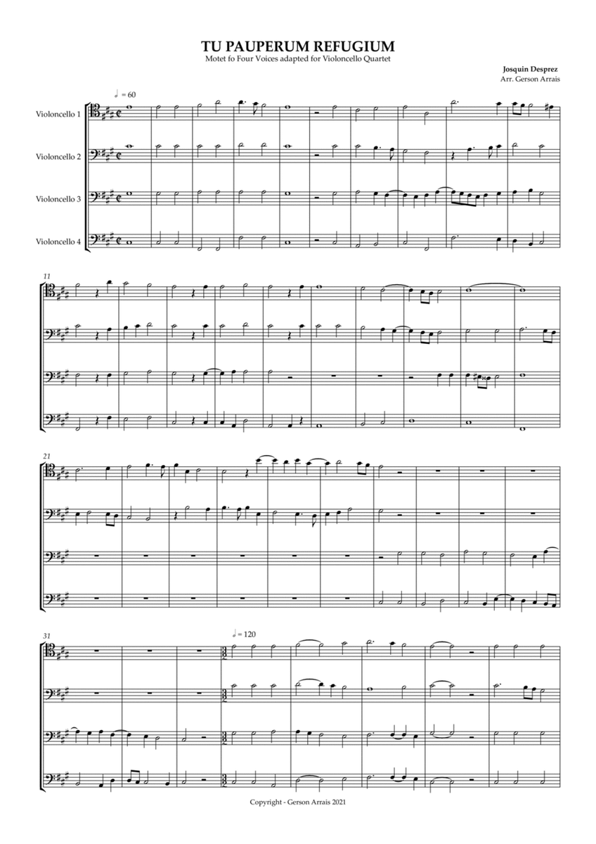 TU PAUPERUM REFUGIUM - Josquin Desprez - Violoncello Quartet - Score and Parts image number null