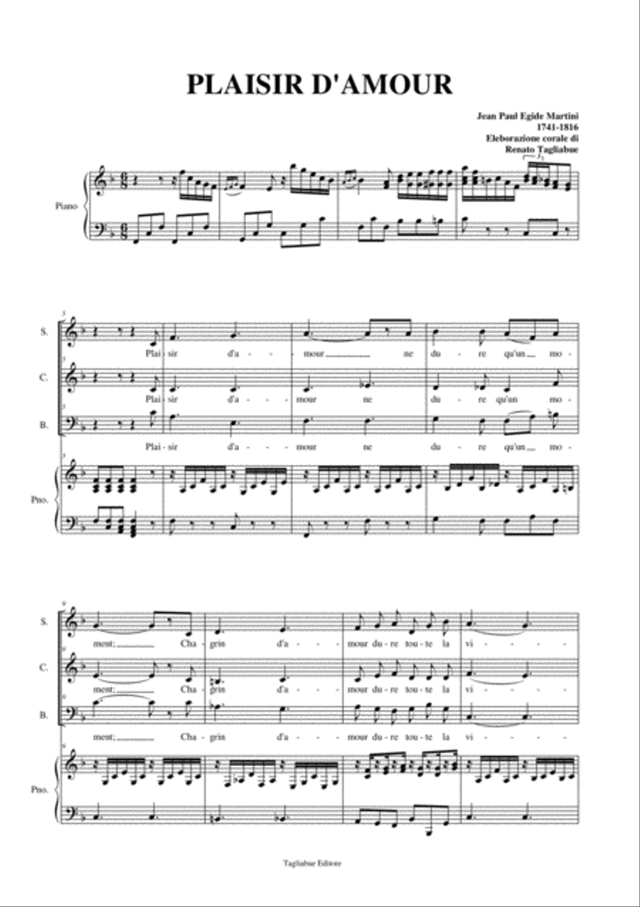 PLAISIR D'AMOUR - Arr. for SAB Choir and Piano 3-Part scores gallery preview page 1