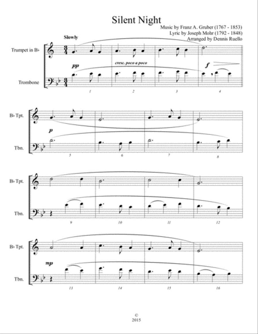 6 Traditional Christmas Carols for Mixed Brass Duet (Trumpet and Trombone) - Advanced Intermediate L Brass Duet scores gallery preview page 1