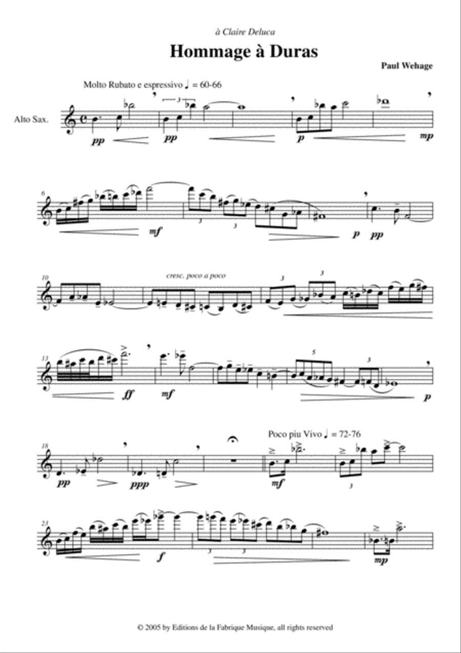 Paul Wehage: Hommage à Duras for alto saxophone Alto Saxophone scores gallery preview page 2