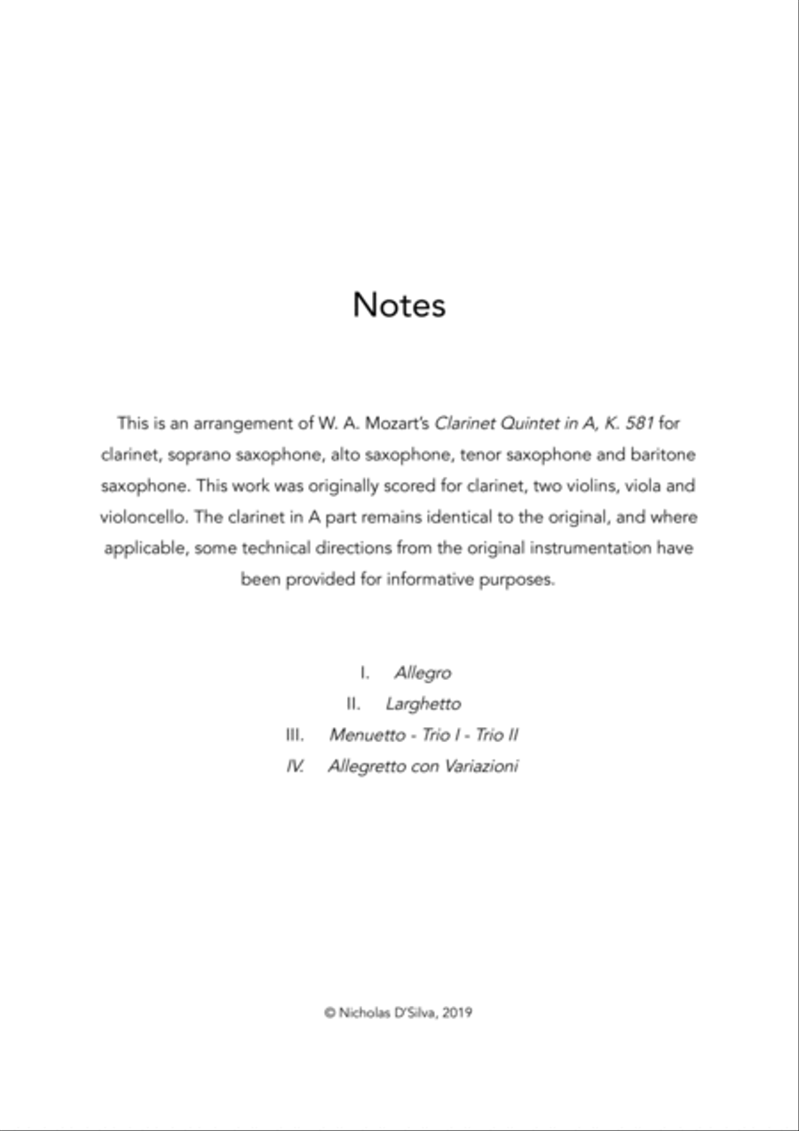W. A. Mozart - Clarinet Quintet in A arranged for clarinet and saxophone quartet Clarinet Quintet scores gallery preview page 2