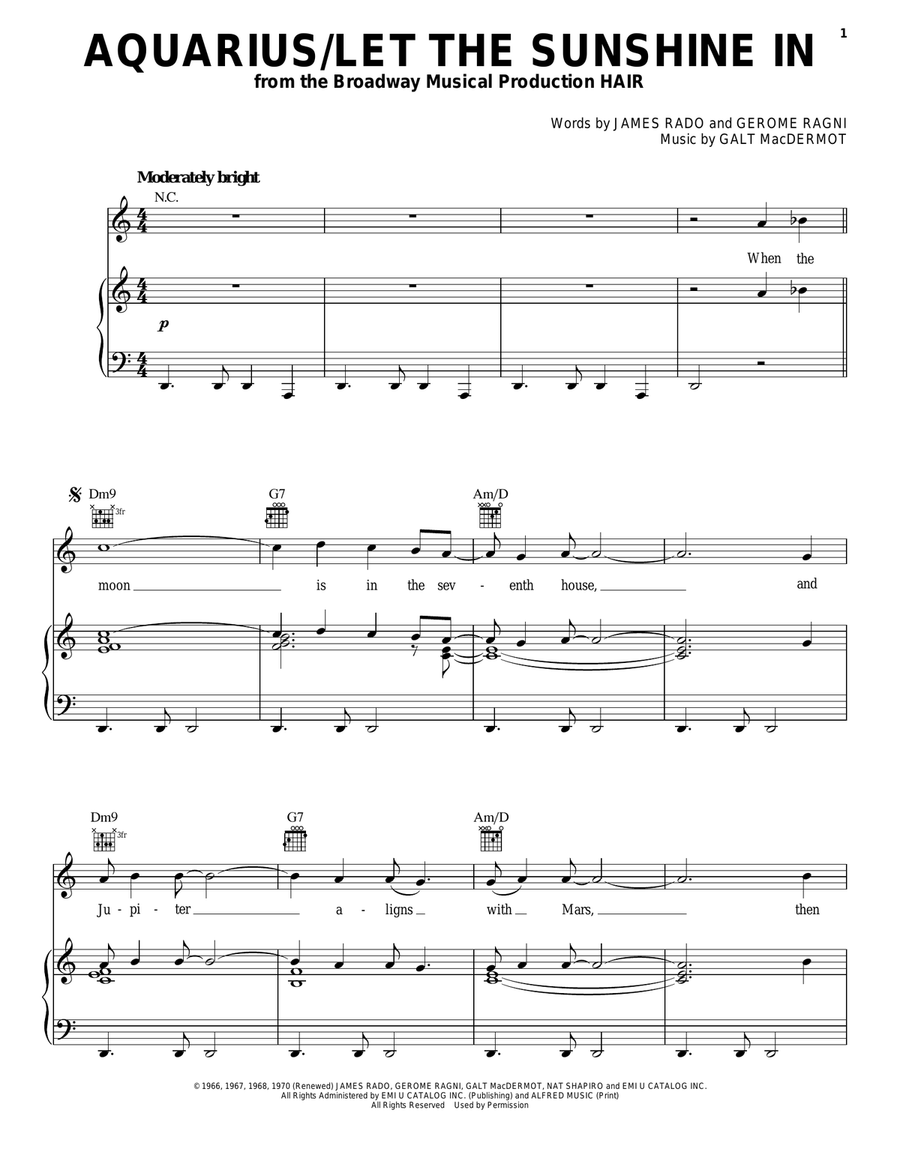 Aquarius/Let The Sunshine In Piano, Vocal, Guitar scores gallery preview page 1