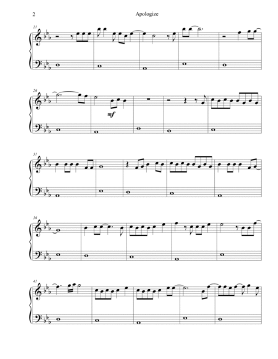 Apologize Easy Piano scores gallery preview page 2