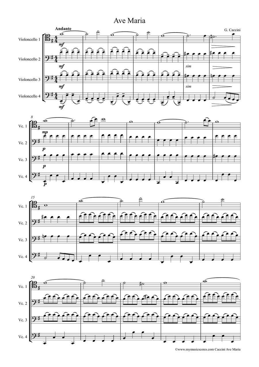 Caccini Ave Maria for Cello Quartet String Quartet scores gallery preview page 2