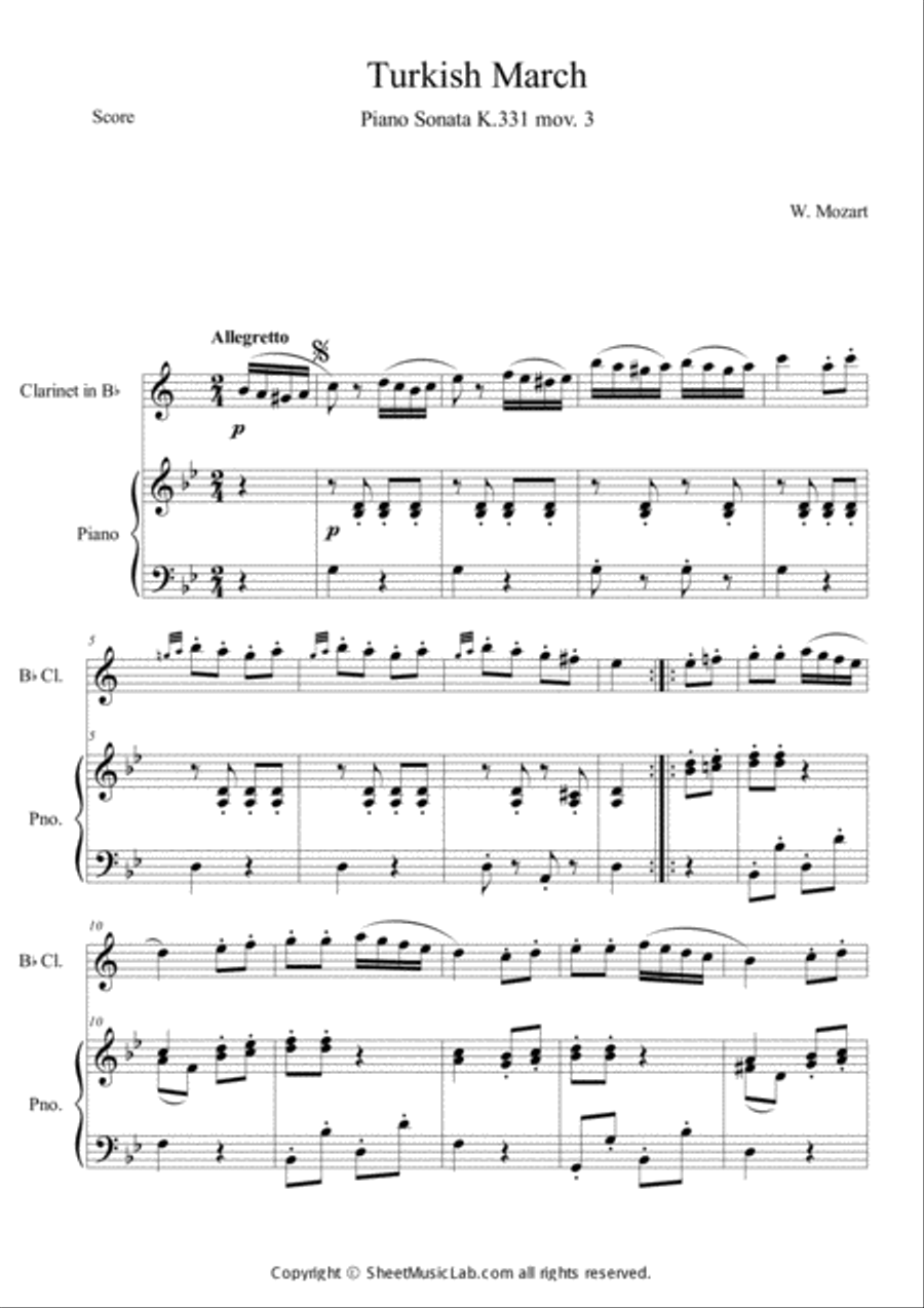 Turkish march (Piano sonata k.331 mov.3) in Gm Clarinet Solo scores gallery preview page 1