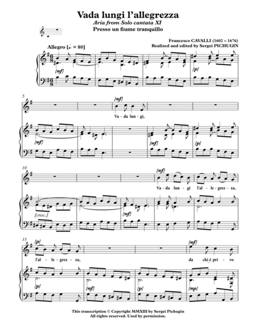 CAVALLI Francesco: Vada lungi l'allegrezza, aria from the cantata, arranged for Voice and Piano (E m image number null