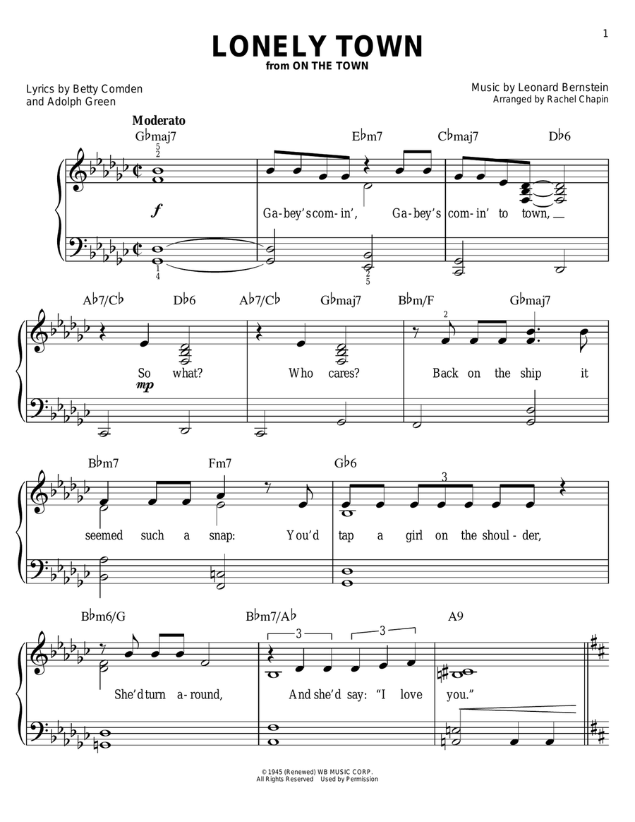 Lonely Town (from On the Town) Easy Piano scores gallery preview page 1
