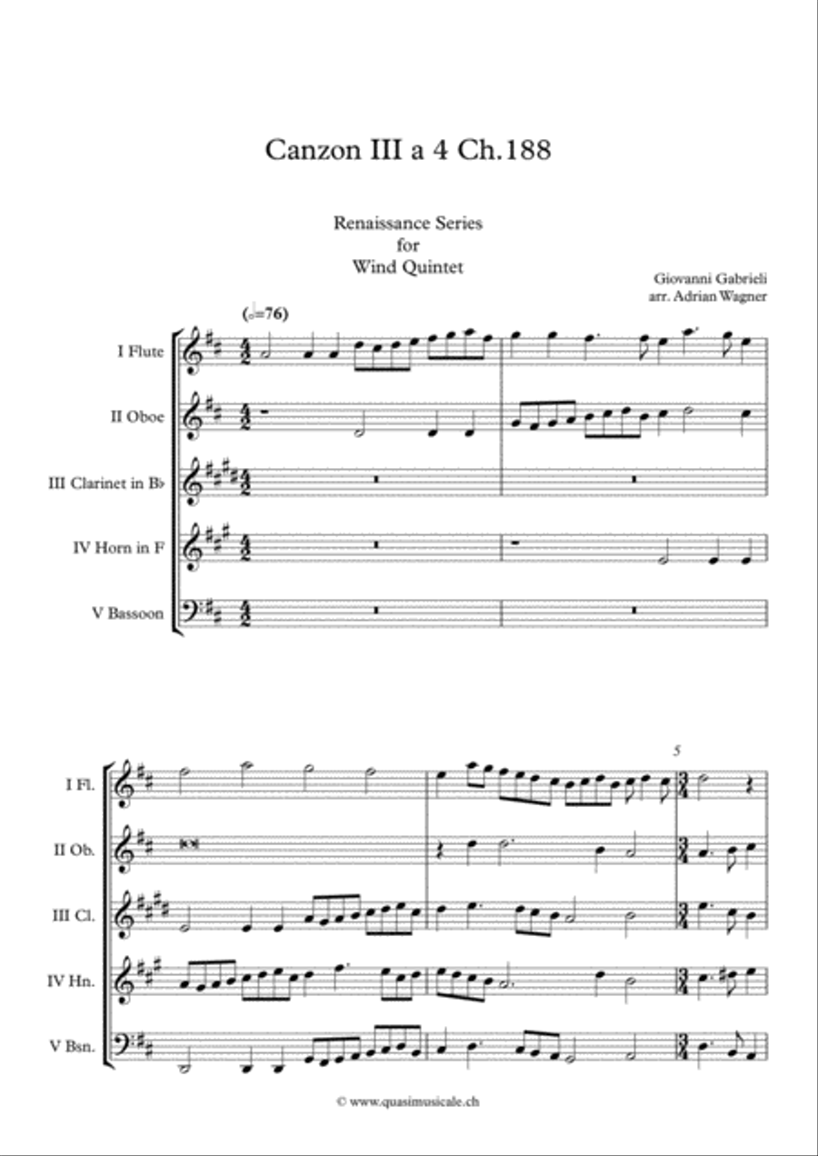 Canzon III a 4 Ch.188 (Giovanni Gabrieli) Wind Quintet arr. Adrian Wagner Woodwind Quintet scores gallery preview page 2