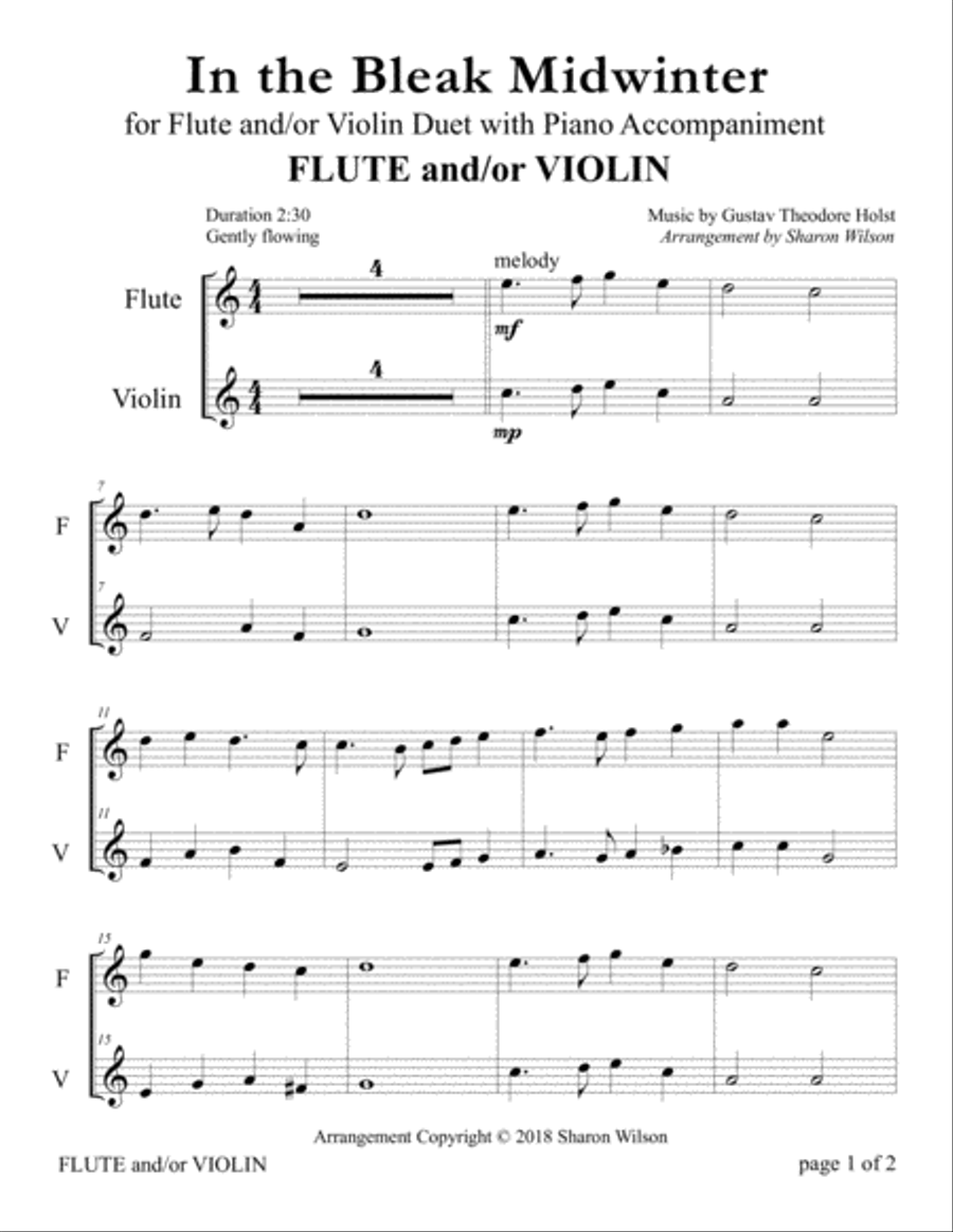 In the Bleak Midwinter (for Flute and/or Violin Duet with Piano accompaniment) Flute scores gallery preview page 2