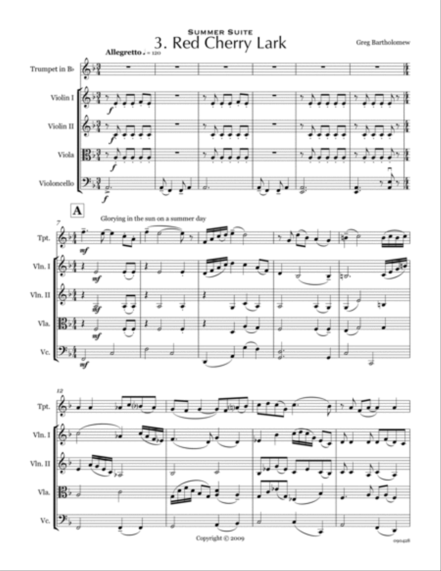 Red Cherry Lark (trumpet & string quartet) Chamber Orchestra scores gallery preview page 3