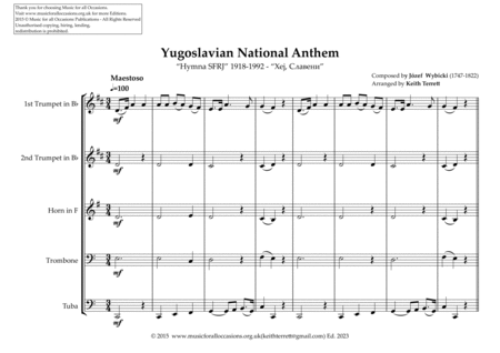 Yugoslavian National Anthem "Hymna SFRJ" 1918-1992 - "Хеј, Славени" for Brass Quintet image number null