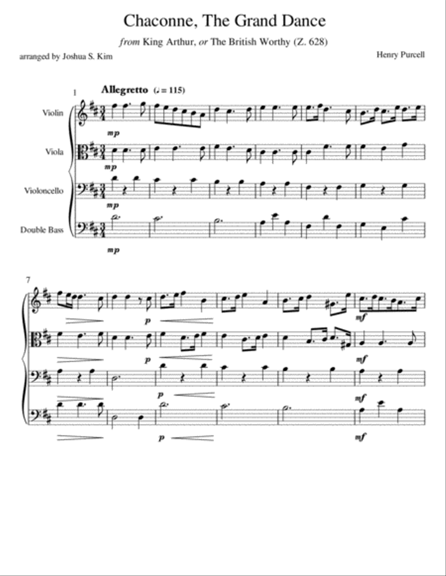 Chaconne from King Arthur for String Quartet (violin, viola, cello and double bass) String Quartet scores gallery preview page 2