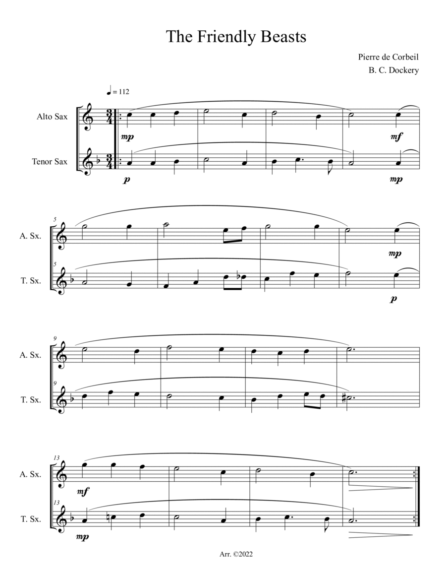 The Friendly Beasts (Alto and Tenor Sax Duet) Woodwind Duet scores gallery preview page 1