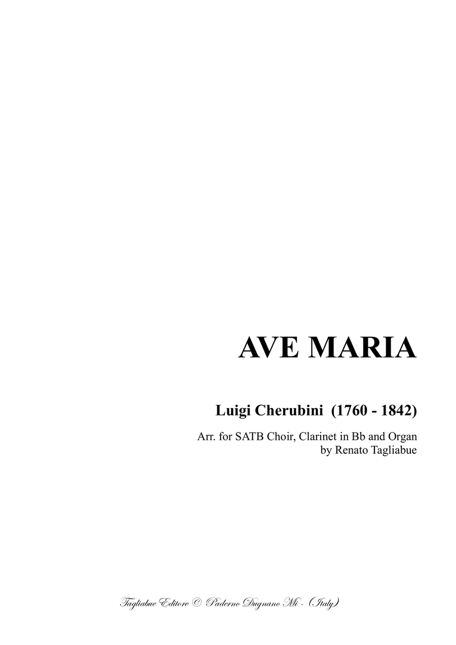 AVE MARIA - Cherubini - Arr. for SATB Choir, Clarinet in Bb and Organ - With Cl. Part - Score Only 4-Part scores gallery preview page 1