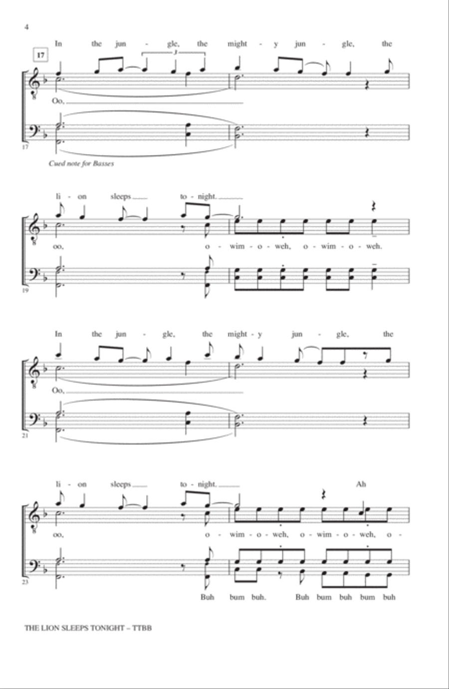 The Lion Sleeps Tonight (arr. Kirby Shaw) TTBB scores gallery preview page 3
