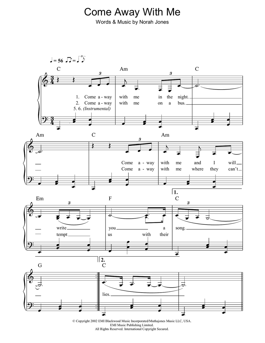 Come Away With Me Easy Piano scores gallery preview page 1