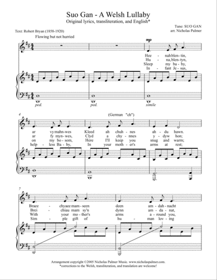 Suo gan / Welsh lullaby - original and Christmas lyrics - low voice Small Ensemble scores gallery preview page 1