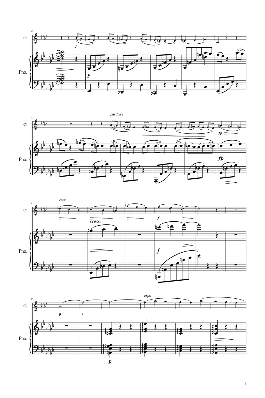 Brahms - Sonata for Clarinet and Piano Op.120 No.2 (2nd Mov) - Original Score and Parts B-Flat Clarinet scores gallery preview page 3