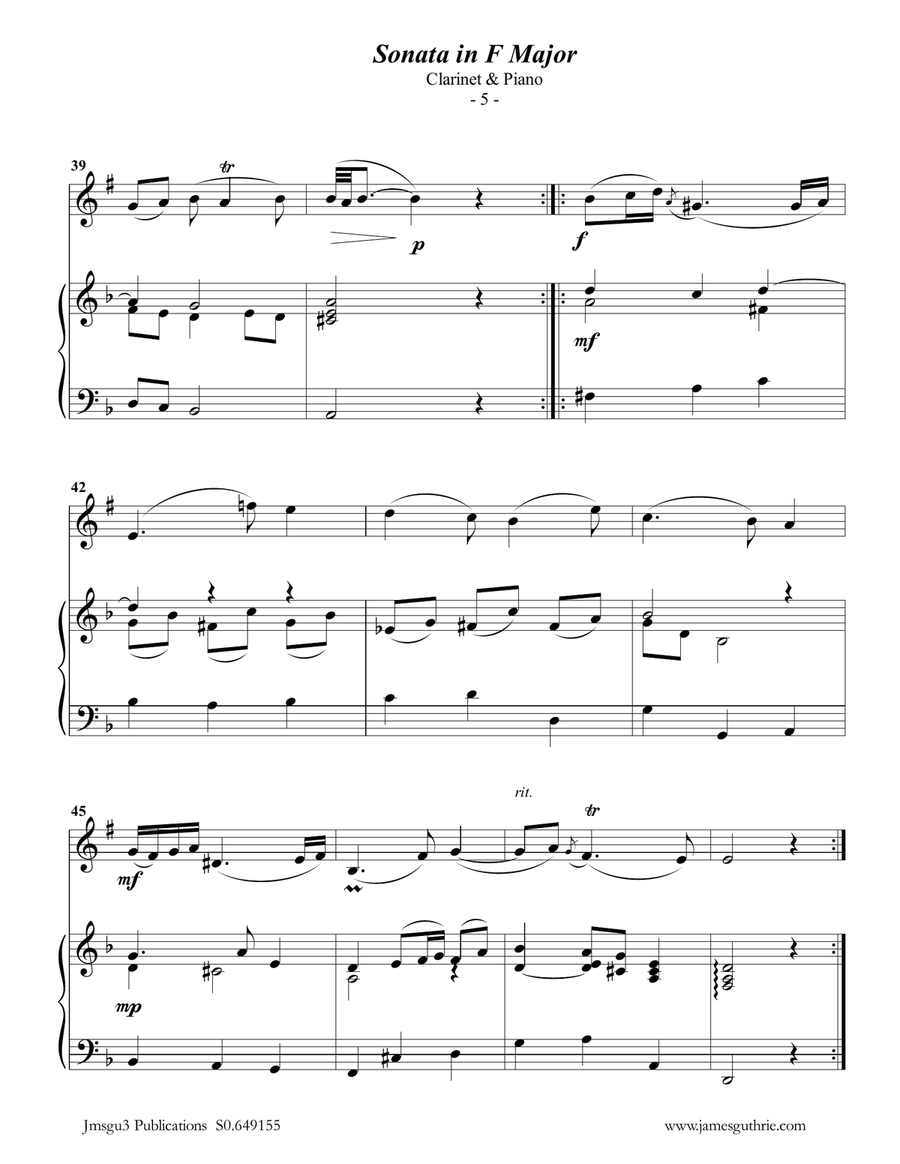 Telemann: Sonata in F Major for Clarinet & Piano Clarinet Solo scores gallery preview page 5