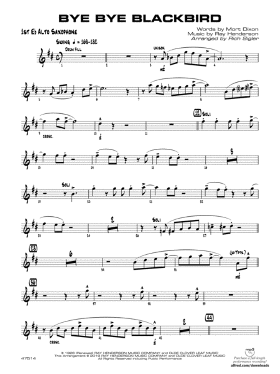 Bye Bye Blackbird: E-flat Alto Saxophone Jazz Ensemble scores gallery preview page 1