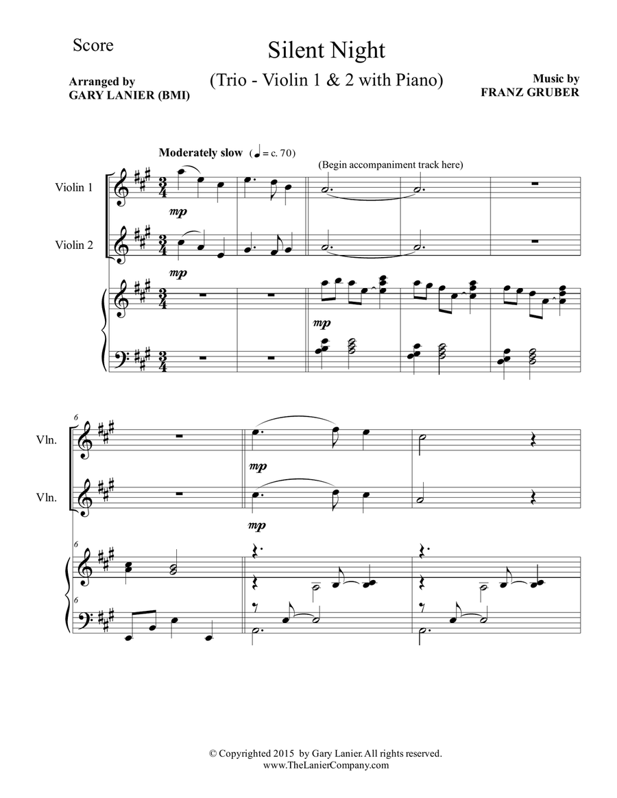 Gary Lanier: SILENT NIGHT (Trio – Violin 1, Violin 2 & Piano with Score & Parts) Violin scores gallery preview page 2