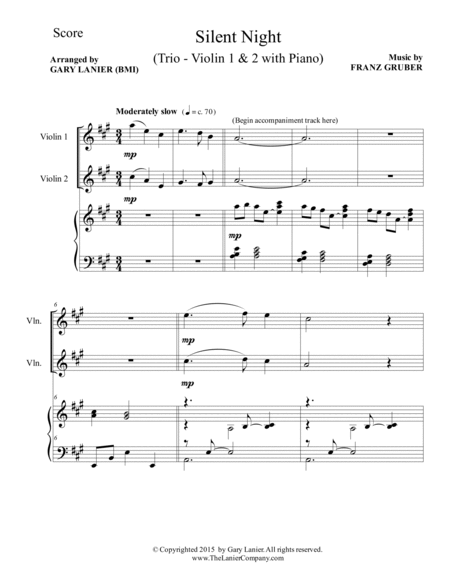Gary Lanier: SILENT NIGHT (Trio – Violin 1, Violin 2 & Piano with Score & Parts) image number null