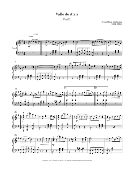 Valle de Atriz. Pasillo for Piano (World Music) image number null